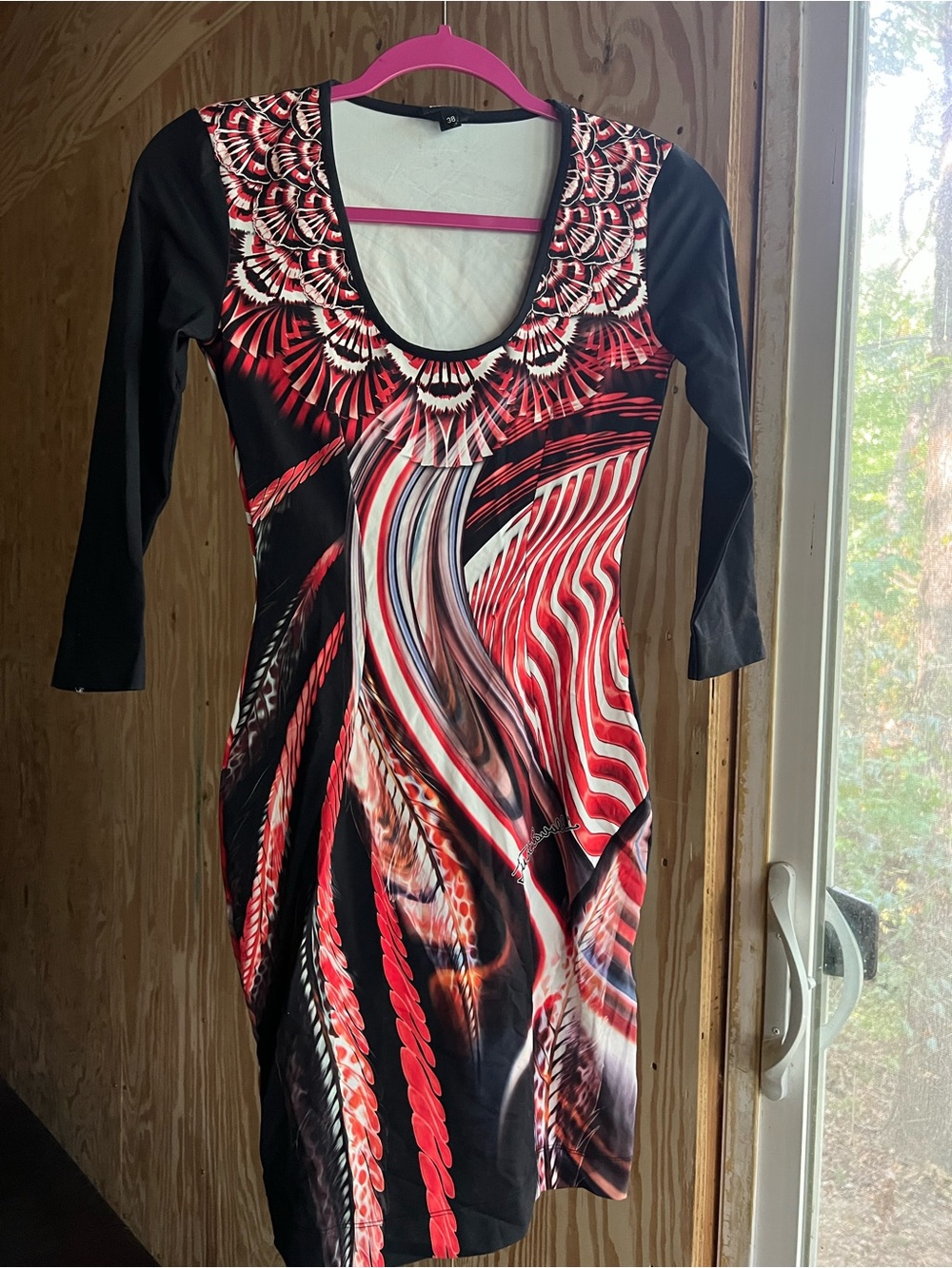 Just Cavalli Black and Red Abstract-Print Scoop Neck Dress